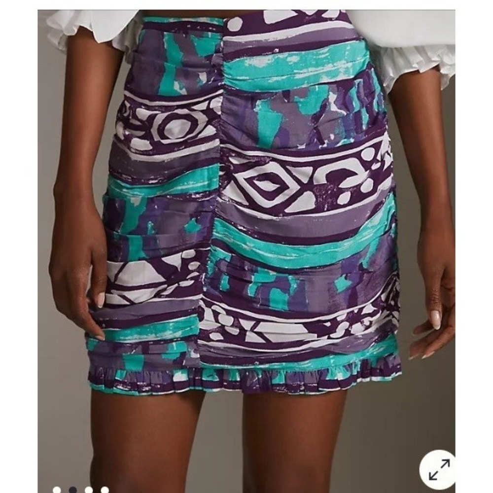 Anthropologie Porridge Abstract Print Ruched Mini Skirt M NWT Purple Blue $108